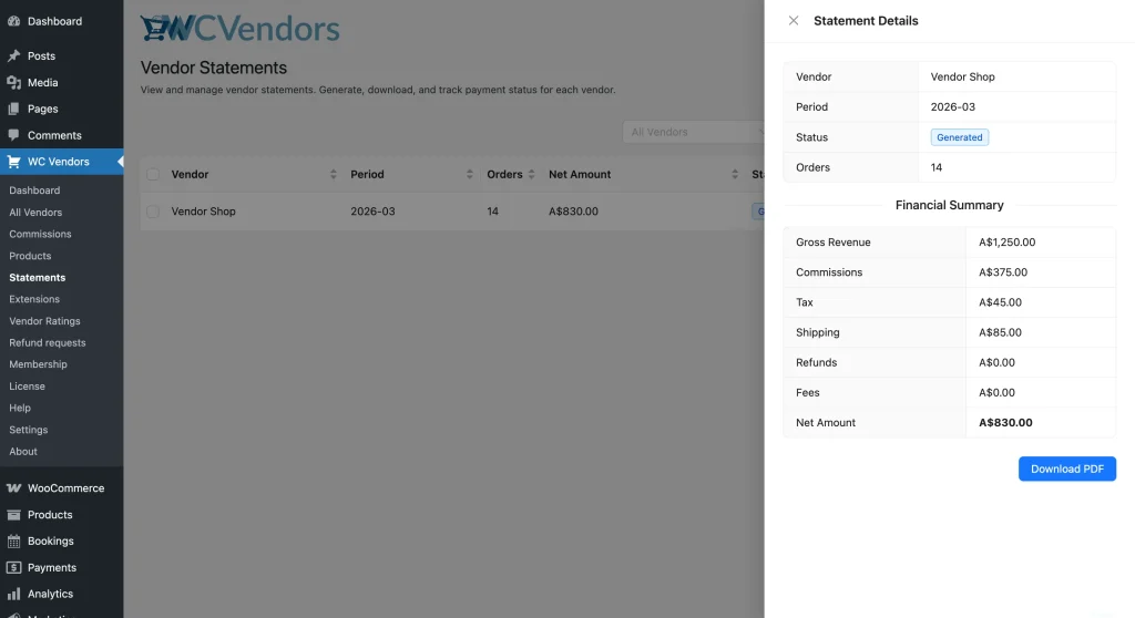 wcvp - statements - all - details - WC Vendors Statement details drawer open on the right side, showing the Financial Summary breakdown for a vendor.