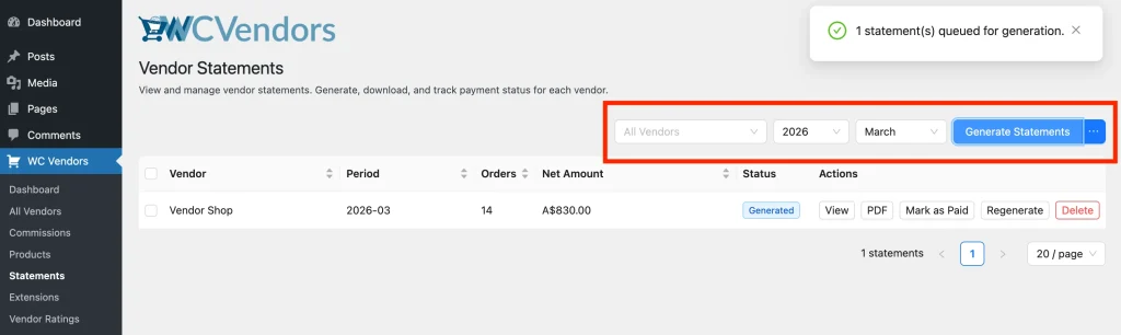 wcvp - statements - all - generate - WC Vendors WC Vendors → Statements page showing the Generate Statements button and the Year, Month, and Vendor dropdowns open.