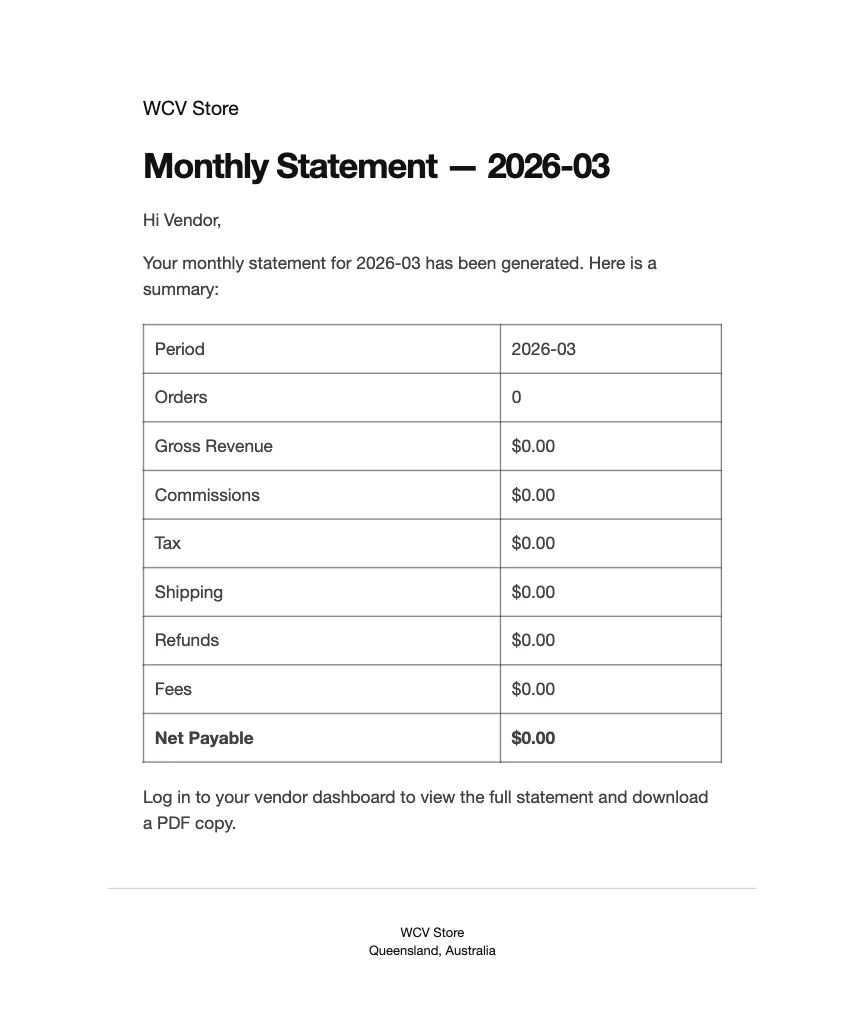 wcvp - statements - email - WC Vendors Example vendor statement ready email showing the summary table with Period, Orders, Gross Revenue, Commissions, Tax, Shipping, Refunds, Fees, and Net Payable rows.