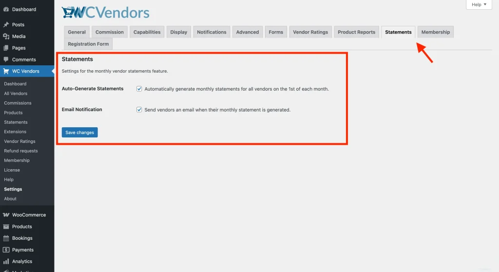wcvp - statements - settings - WC Vendors WC Vendors → Settings → Statements tab showing the Auto-Generate Statements and Email Notification checkboxes.