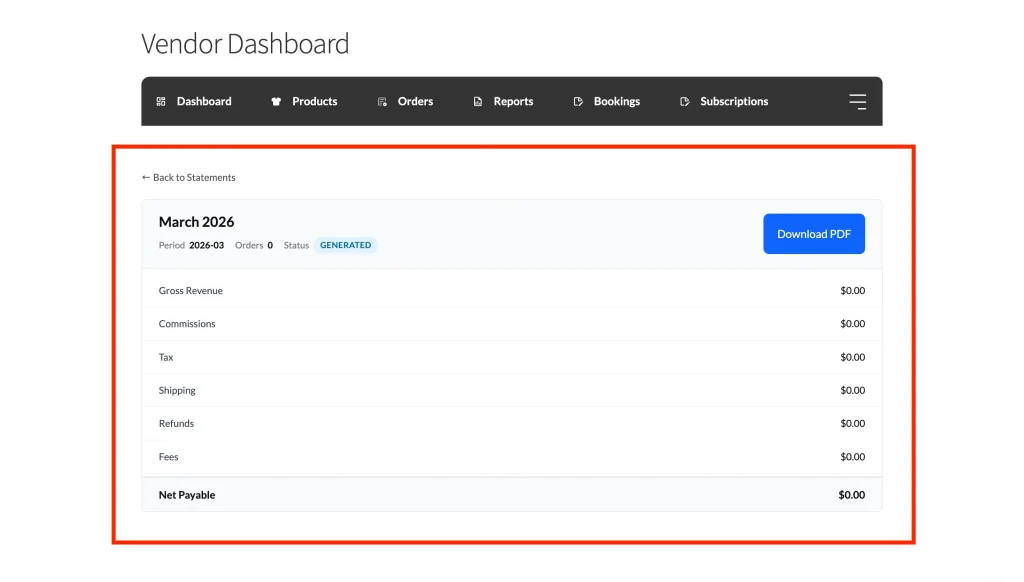 wcvp - statements - vendor dashboard - details - WC Vendors Statement detail page on the vendor dashboard showing the financial summary rows and the Download PDF button in the top-right corner.