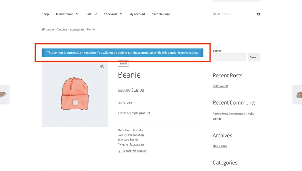 Individual product page showing the vacation mode notice above the product details, with the add-to-cart button absent.