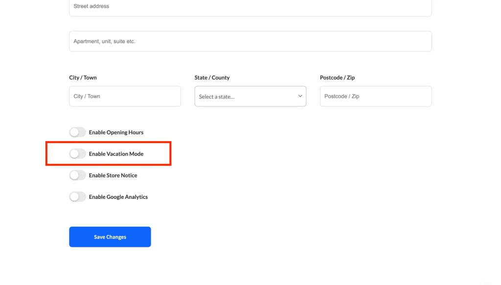 Store settings page scrolled to the Enable Vacation Mode toggle, shown in the off position.