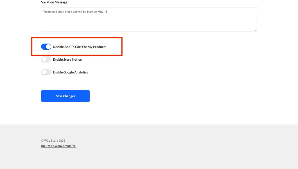 “Disable add to cart for my products” toggle switched on.