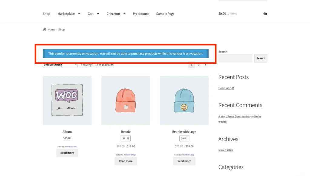 Vendor storefront with vacation mode message banner displayed at the top of the store page.
