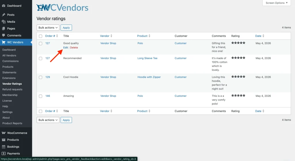 wcvp - vendor rating - all ratings - WC Vendors The Vendor Ratings admin table showing several rows of feedback with all columns visible