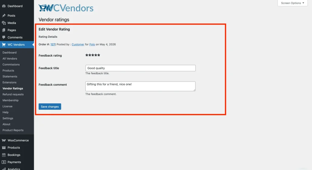 wcvp - vendor rating - all ratings - edit a rating - WC Vendors The edit form for a single vendor rating, with the title and comments fields editable.