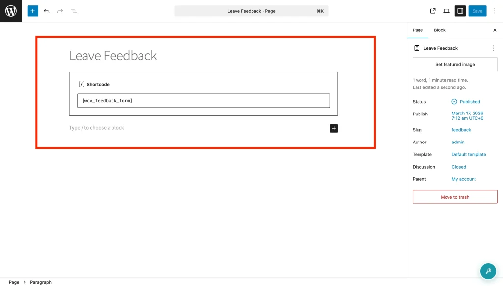 A WordPress page editor with the title "Leave Feedback" and the shortcode [wcv_feedback_form] in the content area.