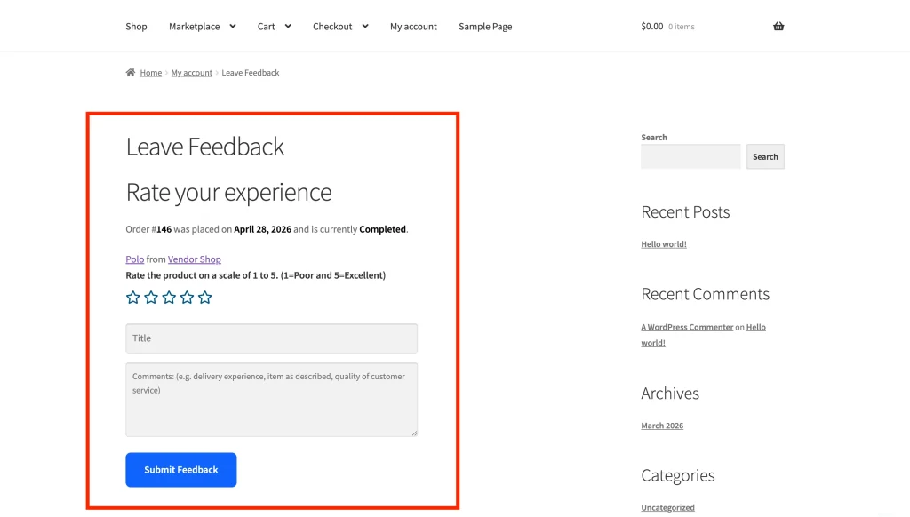 wcvp - vendor rating - my account - add a rating - WC Vendors The feedback form showing the order summary at the top, followed by the star rating, title field, and comments textarea for a product.