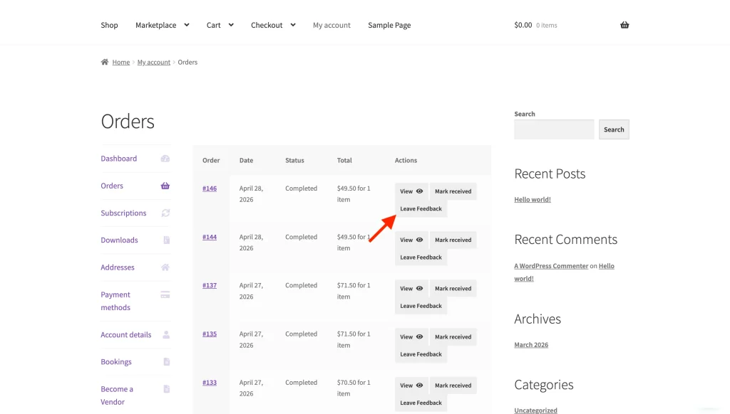 wcvp - vendor rating - my account - orders - leave feedback button - WC Vendors The My Account Orders page showing a Leave Feedback button next to a completed order.
