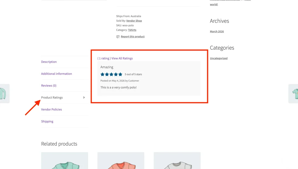 wcvp - vendor rating - product page - product ratings tab - WC Vendors The Product ratings tab on a vendor product page, showing a customer review with star rating, title, date, and comment.