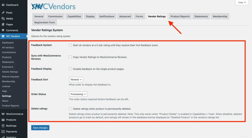 wcvp - vendor rating - settings - WC Vendors The full Vendor Ratings settings screen showing all six options listed above.