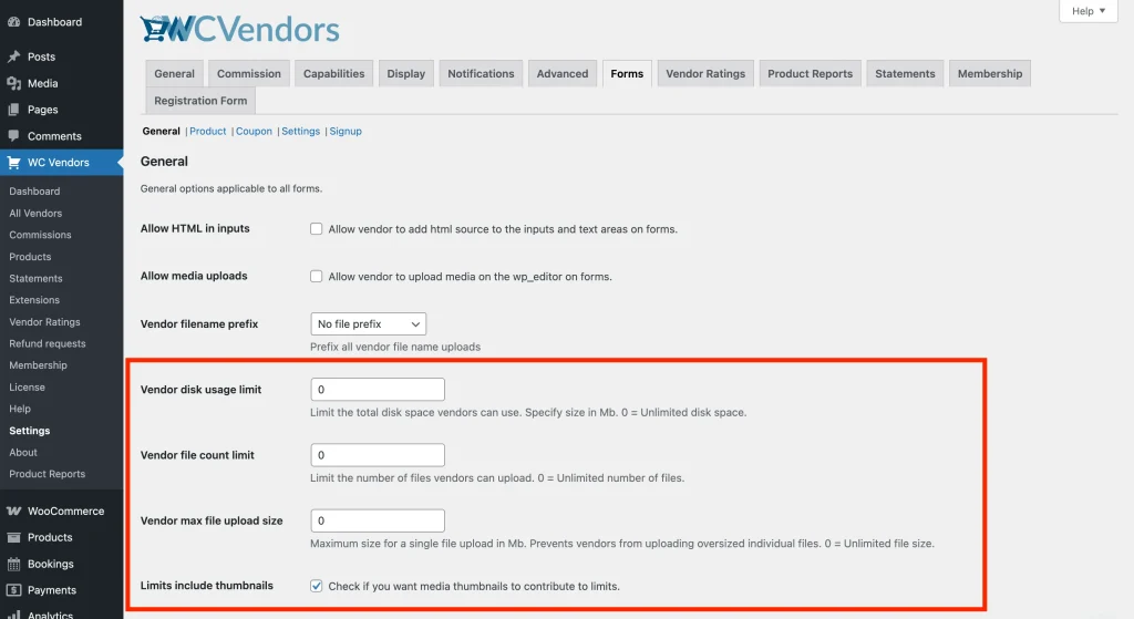 wcvp - vendor upload limit - settings - WC Vendors The WC Vendors Settings page with the Forms tab and General sub-tab selected, showing the Vendor disk usage limit, Vendor file count limit, Vendor max file upload size, and Limits include thumbnails fields.