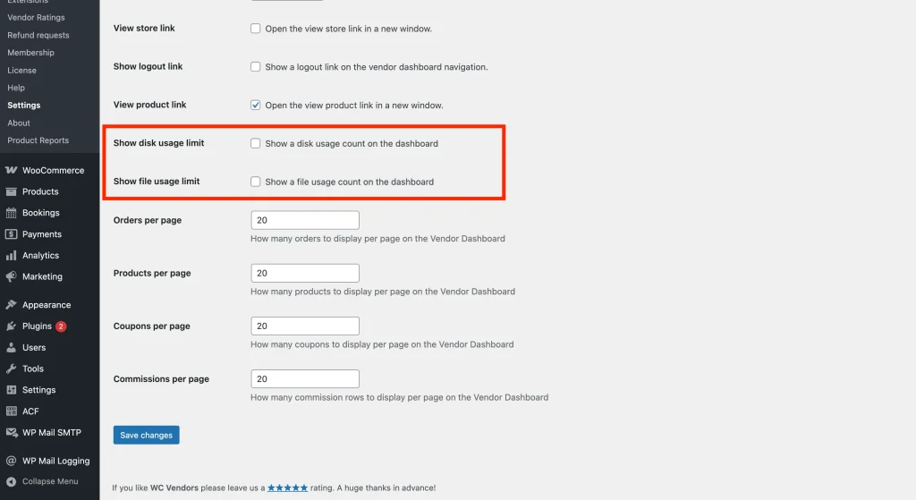 wcvp - vendor upload limit - show limit settings - WC Vendors The WC Vendors Settings Display tab with Vendor Dashboard sub-tab selected, showing the Show disk usage limit and Show file usage limit checkboxes.