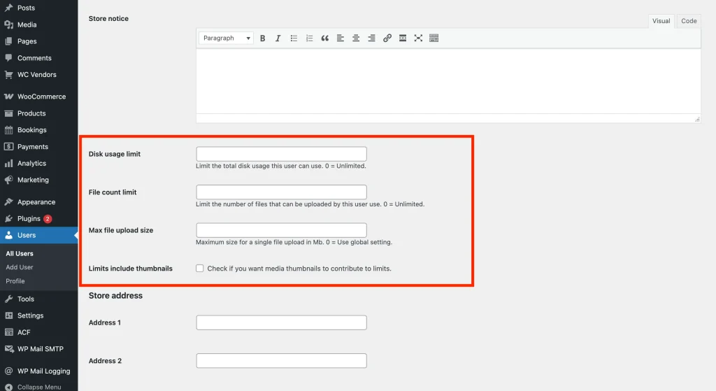 wcvp - vendor upload limit - user override settings - WC Vendors The vendor user profile page showing the Store General section with Disk usage limit, File count limit, Max file upload size, and Limits include thumbnails fields.