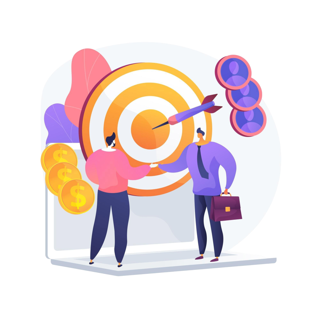 Two people stand before a large target with an arrow, coins, and charts—depicting a financial goal scene for teamwork and planning.