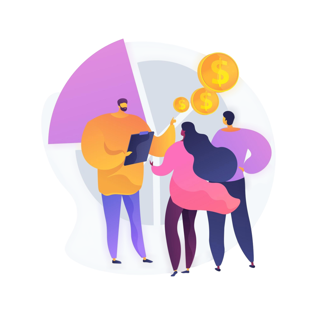 Group of diverse people discussing finances around a curved white wall with floating gold coins above.