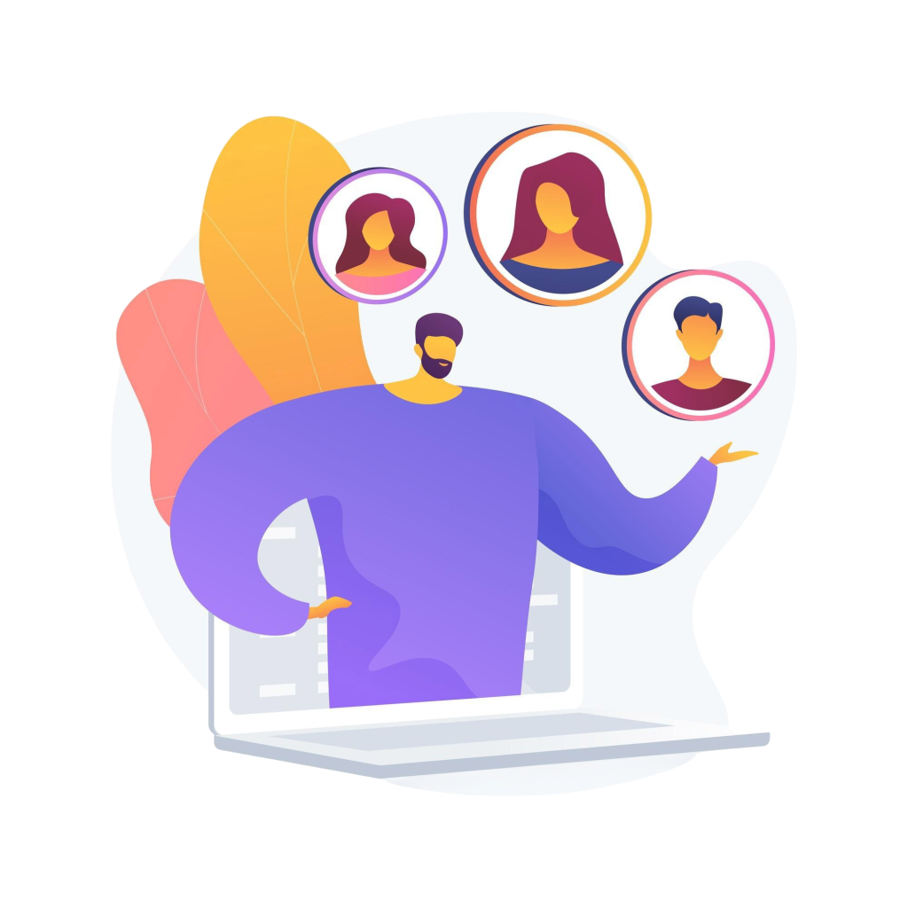 Abstract illustration of a person icon on a laptop with floating avatar circles, suggesting an online team call or collaboration idea.