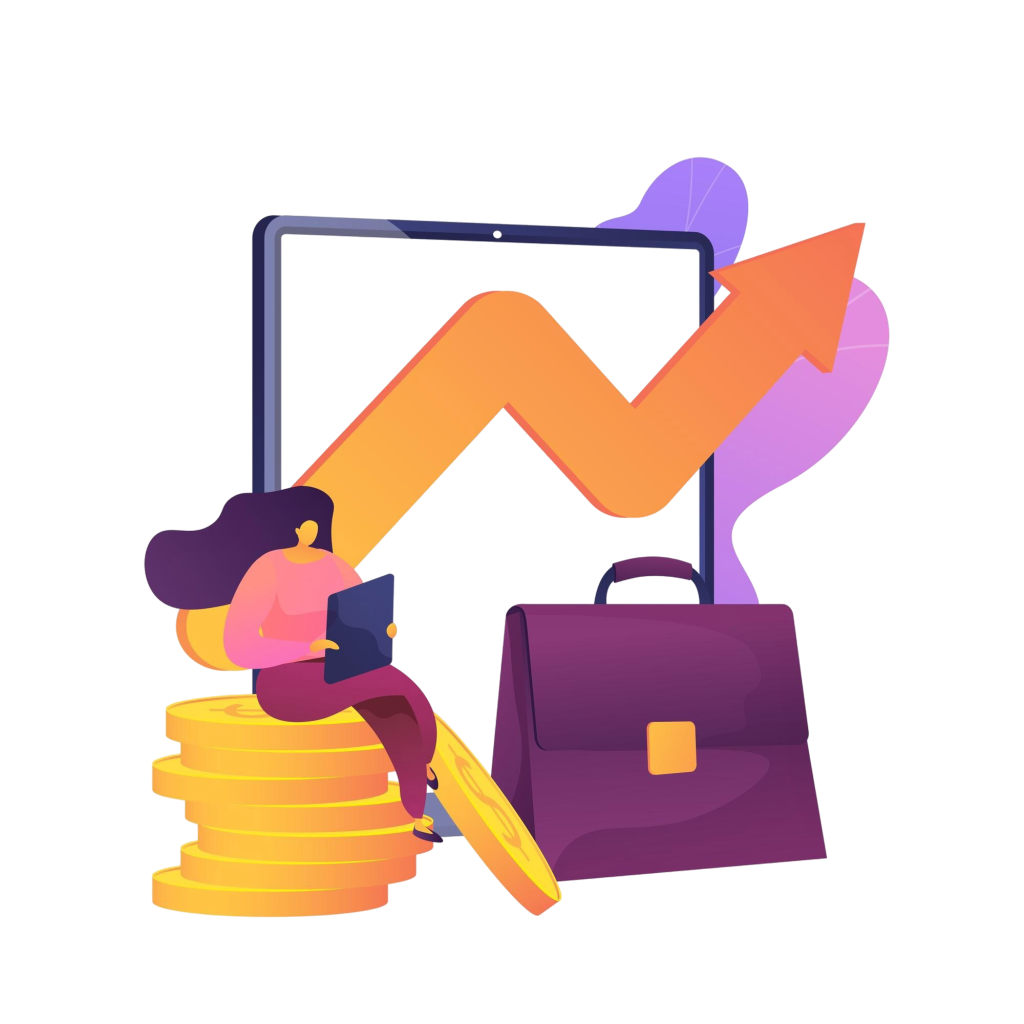 Team of people with tablets near a laptop, coins, and a rising orange arrow symbolizing growth and collaboration.
