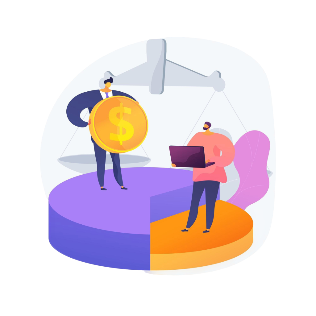 Abstract illustration of professionals around a large gold coin and a laptop, symbolizing finance and teamwork.