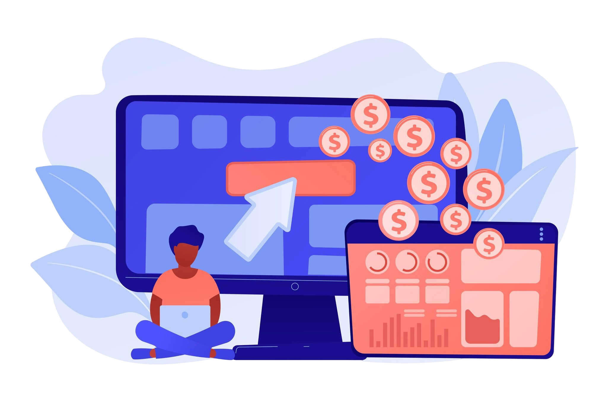 Illustrator-style image showing a person on a laptop with coins and a calculator indicating online earnings or digital payments.