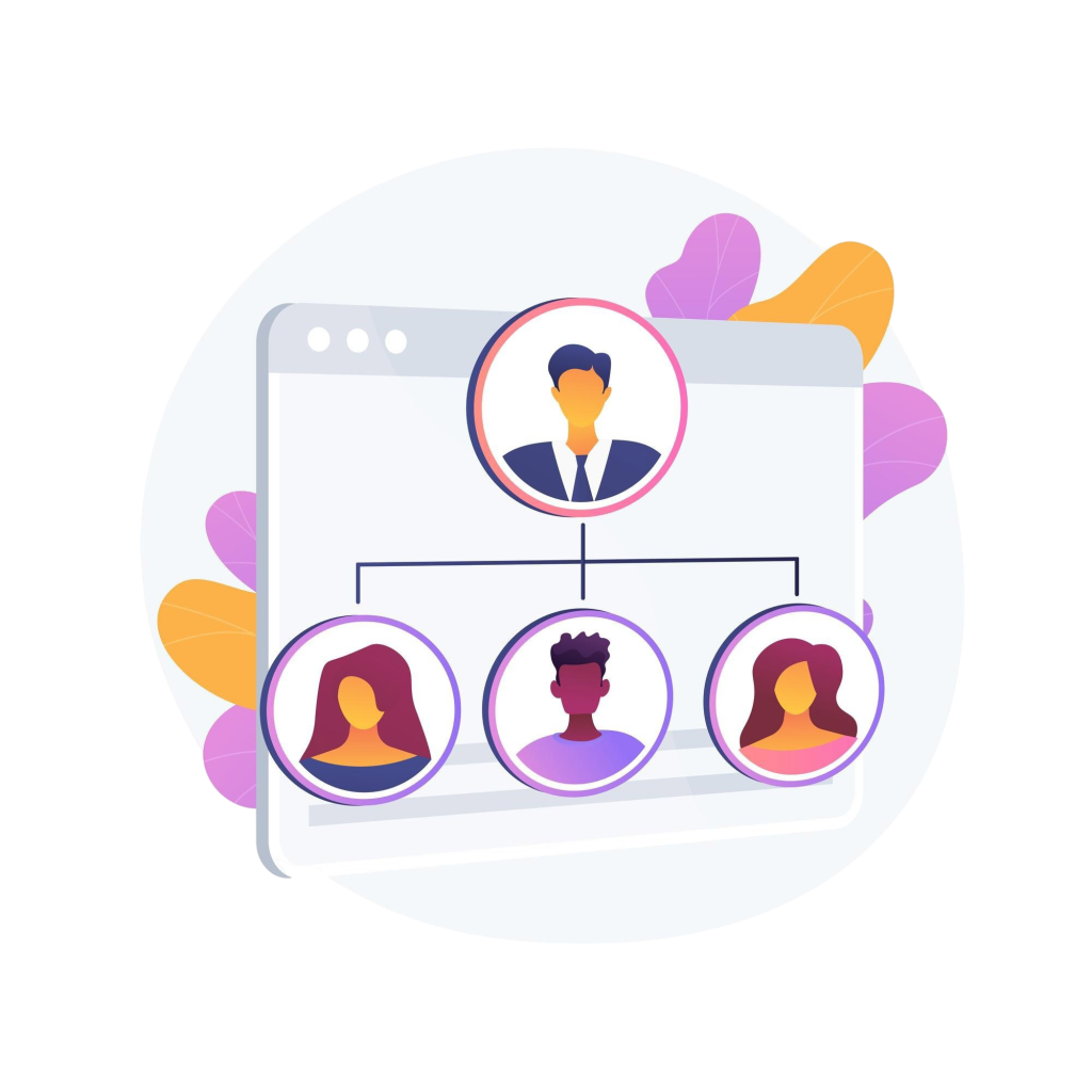Illustration of a UI card with circular profile avatars and pastel leaf decorations.