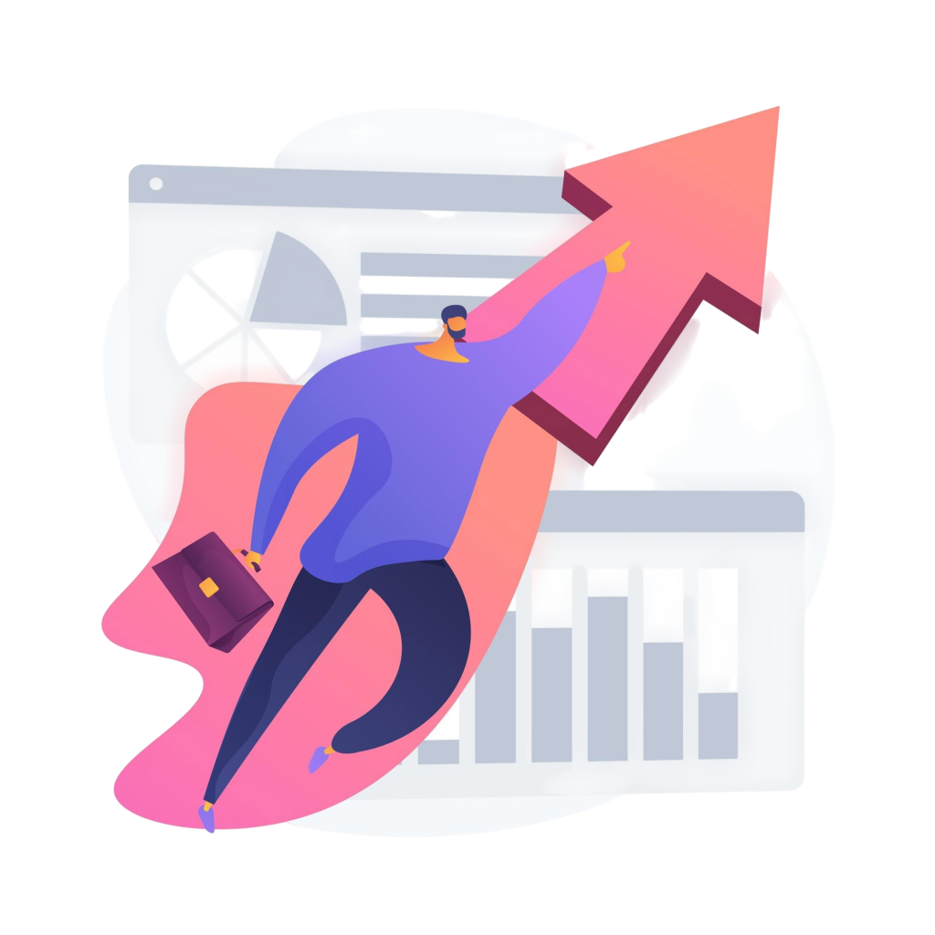 Abstract illustration of a person running up a large pink arrow, symbolizing growth with charts in the background