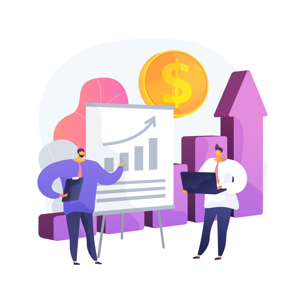Team of people presenting data around a large infographic with charts and a central gold coin; abstract business scene