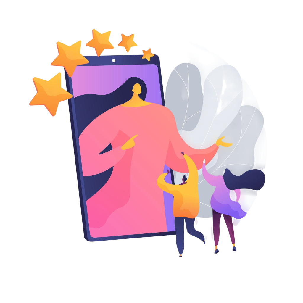 Smartphone displaying a pink figure on screen with orange rating stars around it