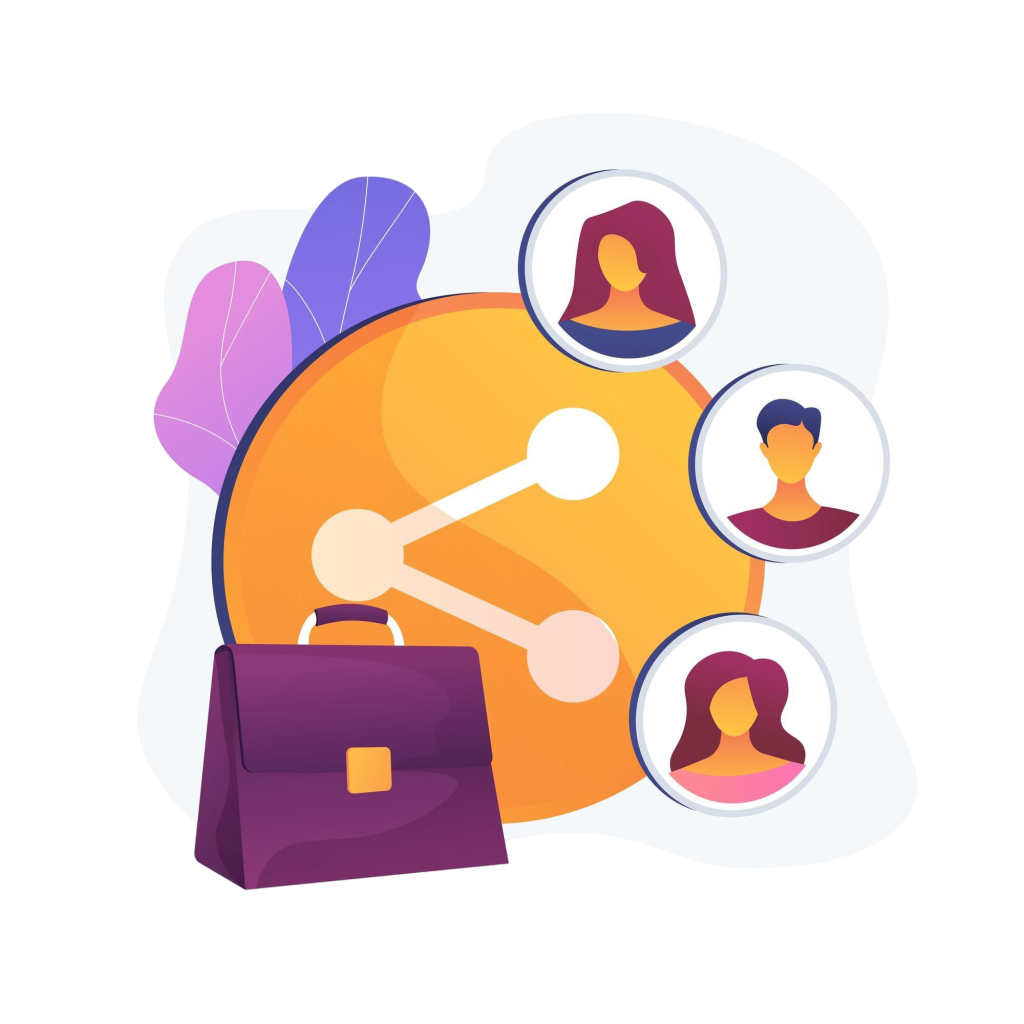 Abstract illustration with circular user avatars around a large orange disk, purple leaves in the background, and a purple bag in the foreground; decorative and conveying a theme of people and collaboration.