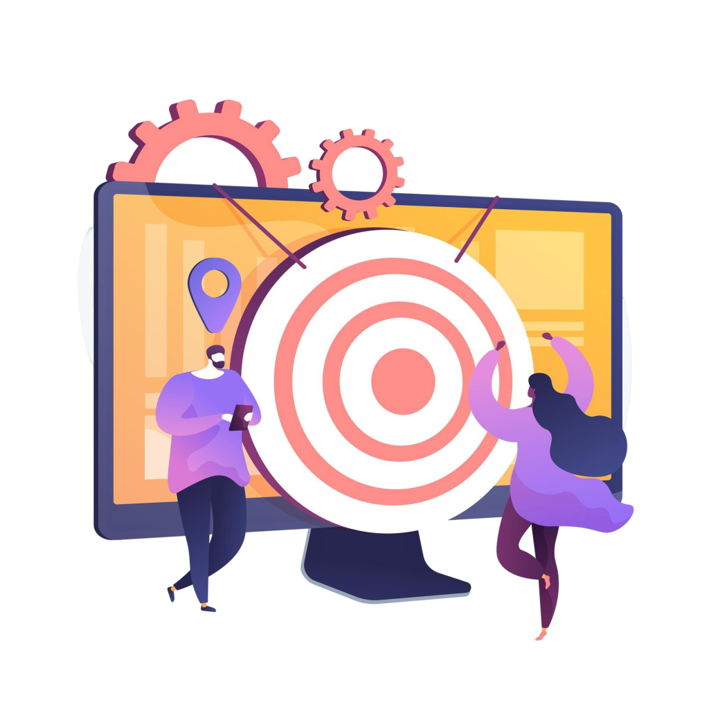 Colorful illustration showing a large bullseye target on a tablet screen, with pink gears above and people around, symbolizing teamwork toward a goal.
