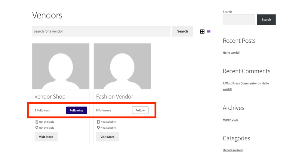 wc-vendors-engage-follow-vendor-list-page - WC Vendors Vendor list shortcode showing vendor cards with Follow buttons and follower count badges