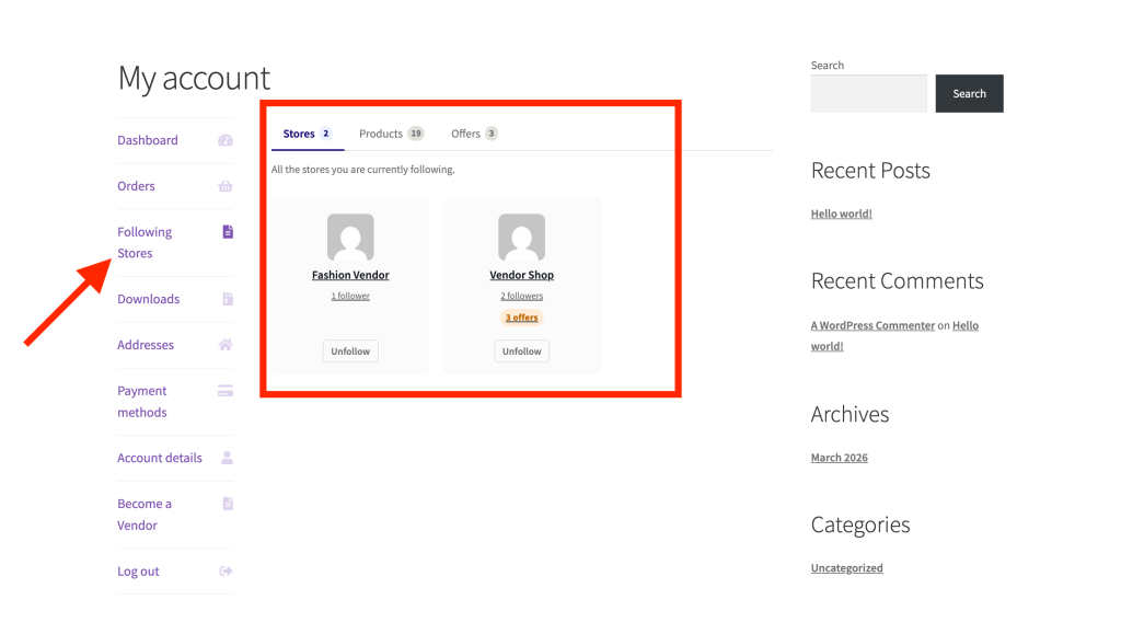 wc-vendors-engage-follow-vendor-my-account - WC Vendors My Account page with the Following tab selected (highlighted by a red arrow), showing a list of followed vendors