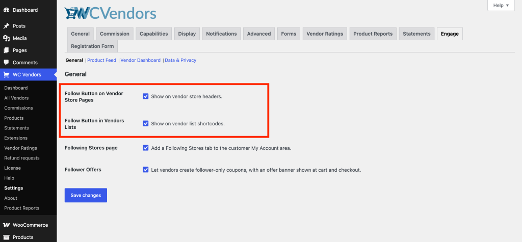 wc-vendors-engage-follow-vendor-settings - WC Vendors WC Vendors Settings → Engage → General section showing the Follow Button on Vendor Store Pages and Follow Button in Vendors Lists toggles
