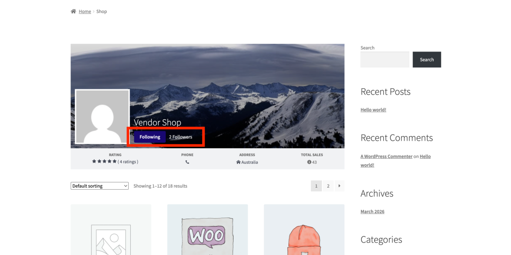 wc-vendors-engage-follow-vendor-vendor-shop-page - WC Vendors Vendor store header showing the Following button and the follower count badge