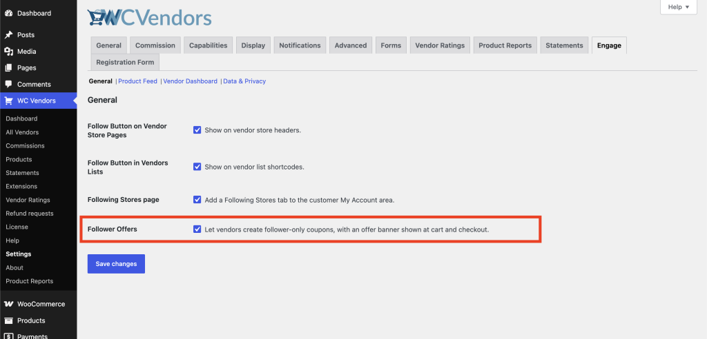 Vendor dashboard showing the Engage tab selected, with the Follower Offers sub-tab open