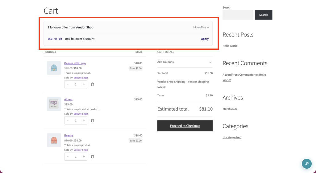 Cart page showing the follower offer banner from a vendor, with an Apply button visible
