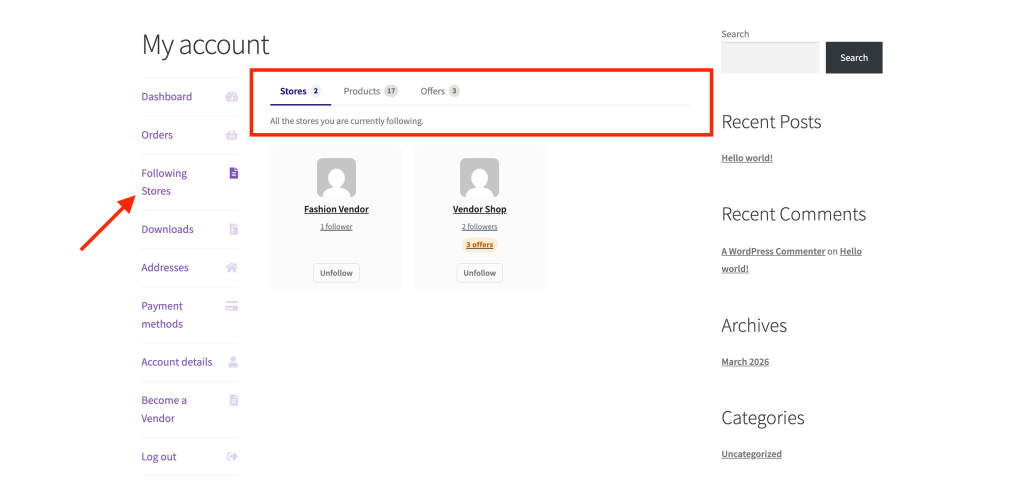 wc-vendors-engage-my-account - WC Vendors My Account navigation menu with Following highlighted by a red arrow