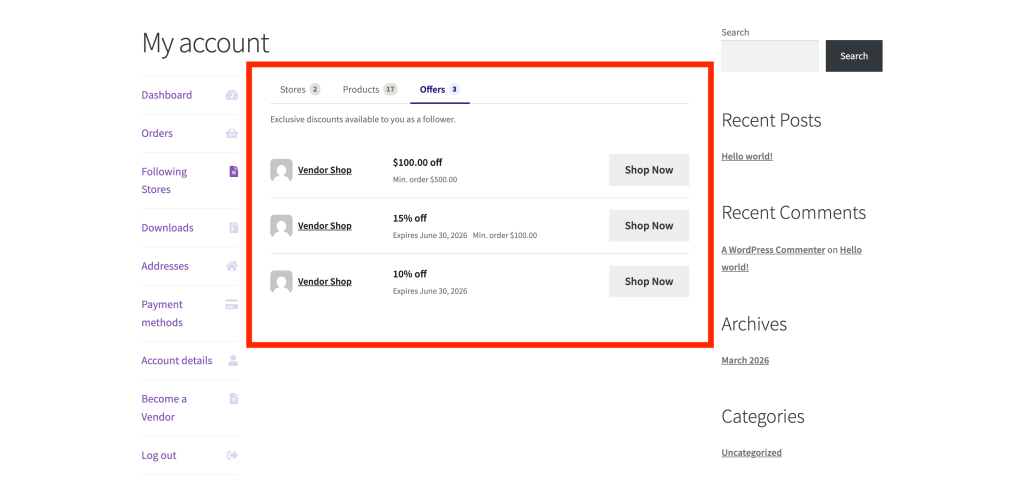 wc-vendors-engage-my-account-offers - WC Vendors Account dashboard with Offers tab selected, showing three promotions from Vendor Shop and a Shop Now button for each