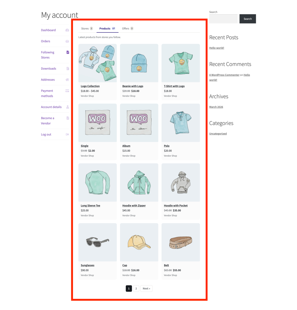 wc-vendors-engage-my-account-products - WC Vendors Products tab showing a grid of product cards with images, names, prices, and vendor names