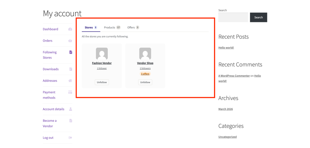 wc-vendors-engage-my-account-stores - WC Vendors Stores tab showing a grid of store cards with logo, name, follower count, and badges