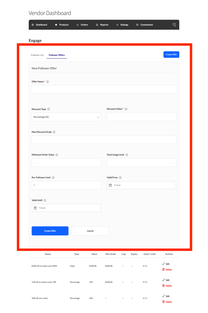 wc-vendors-engage-overview-vendor-dashboard-follower-offers - WC Vendors Vendor dashboard Engage tab open on the Follower Offers section, showing a form to create a new offer