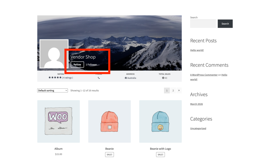 wc-vendors-engage-overview-vendor-shop-page-follow-button-counter - WC Vendors Vendor store page showing the Follow button with a follower count badge below the store name
