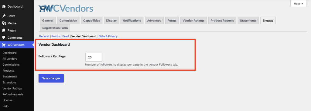 wc-vendors-engage-settings-vendor-dashboard - WC Vendors The Vendor Dashboard section of the Engage settings tab, showing the Followers Per Page field