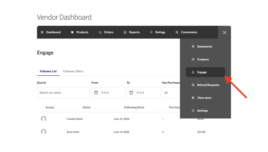 wc-vendors-engage-vendor-dashboard-nav - WC Vendors Vendor dashboard sidebar navigation with the Engage tab highlighted
