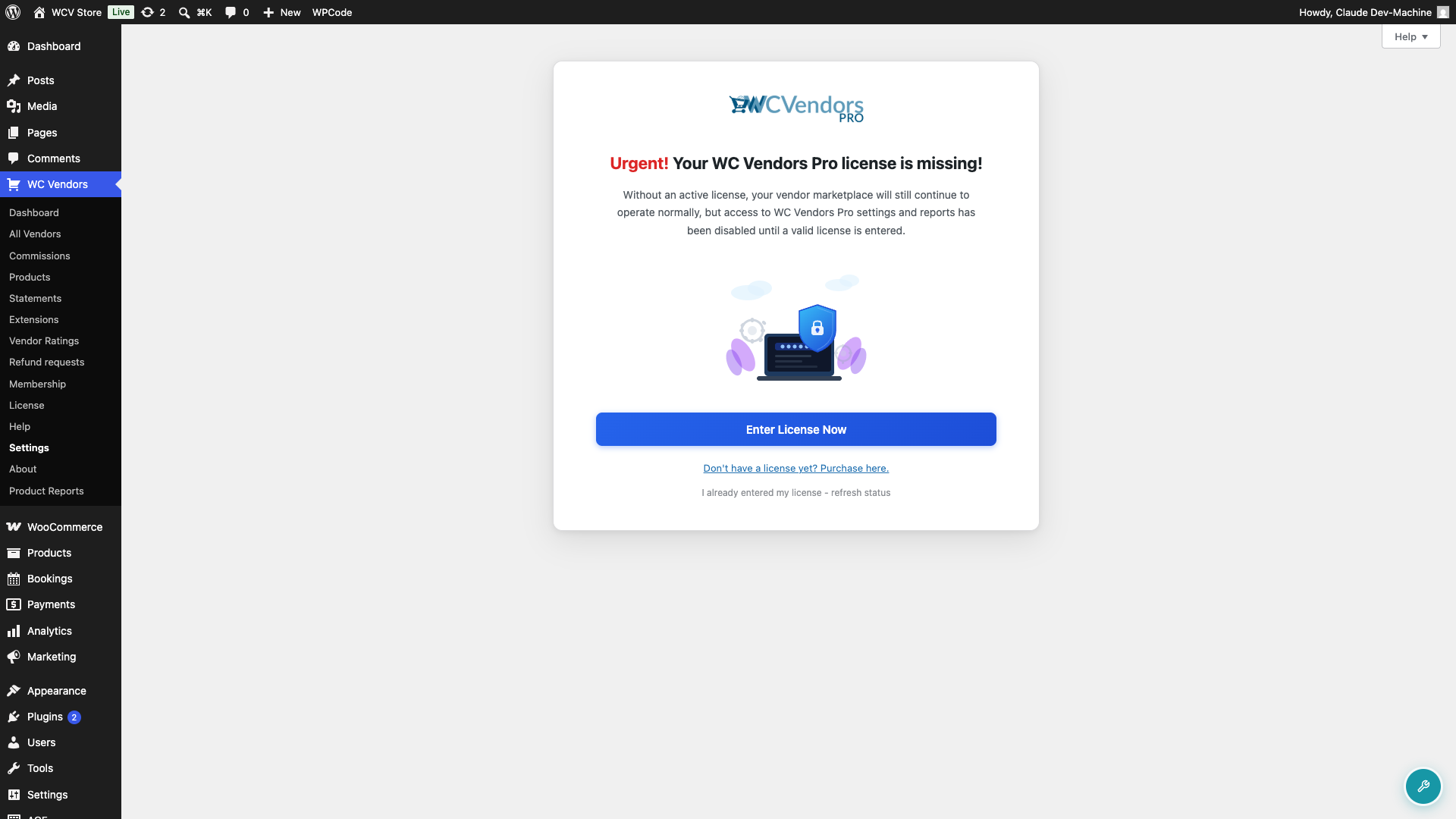 wc-vendors-pro-license-interstitial-lock - WC Vendors Full-page interstitial lock screen showing Urgent! Your WC Vendors Pro license is missing! with an Enter License Now CTA button and a refresh status link below