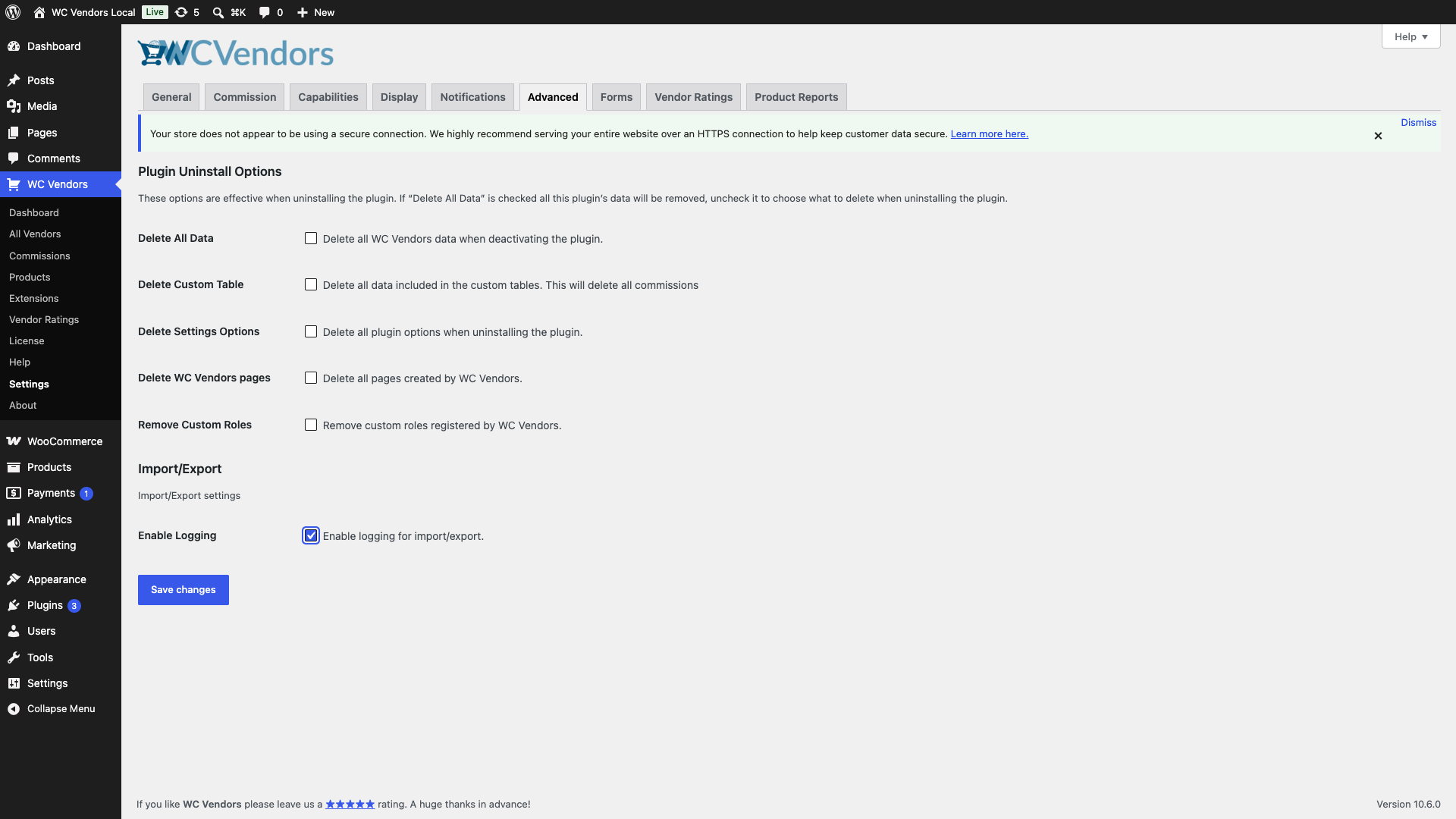 wc-vendors-product-import-export-enable-logging-setting - WC Vendors WC Vendors Pro Advanced Settings Import/Export section with Enable Logging enabled