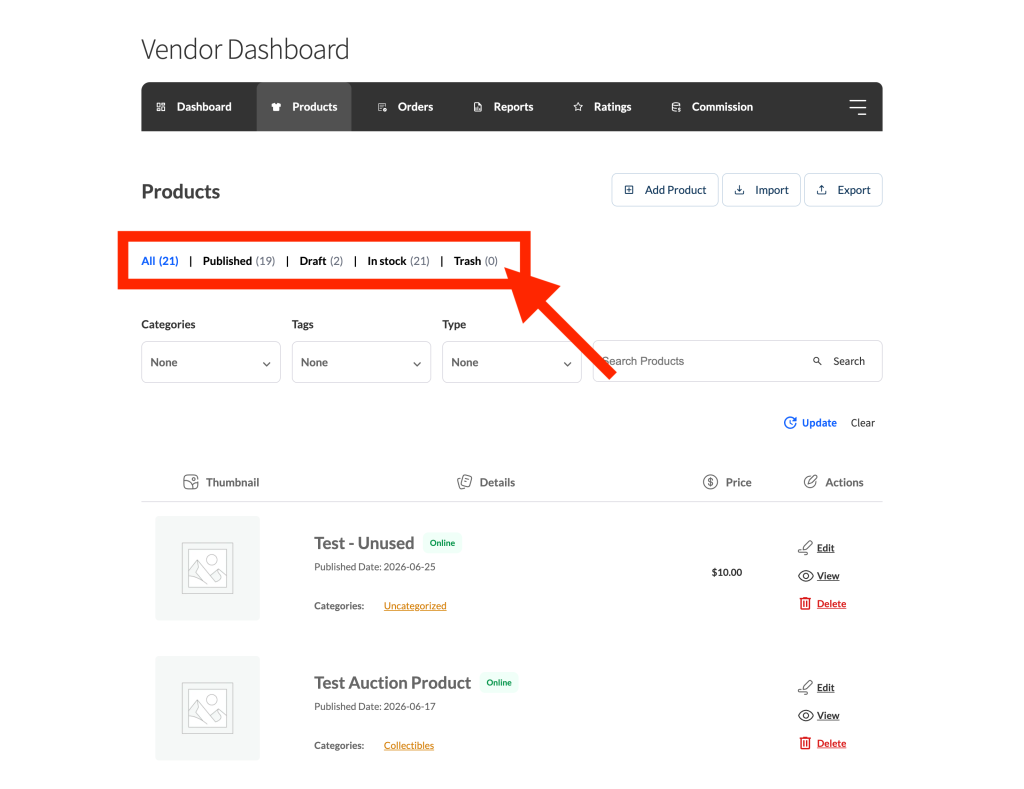 wc-vendors-trash_bin-product_list - WC Vendors Vendor Products dashboard showing the Trash status filter alongside All, Published, and Draft counts