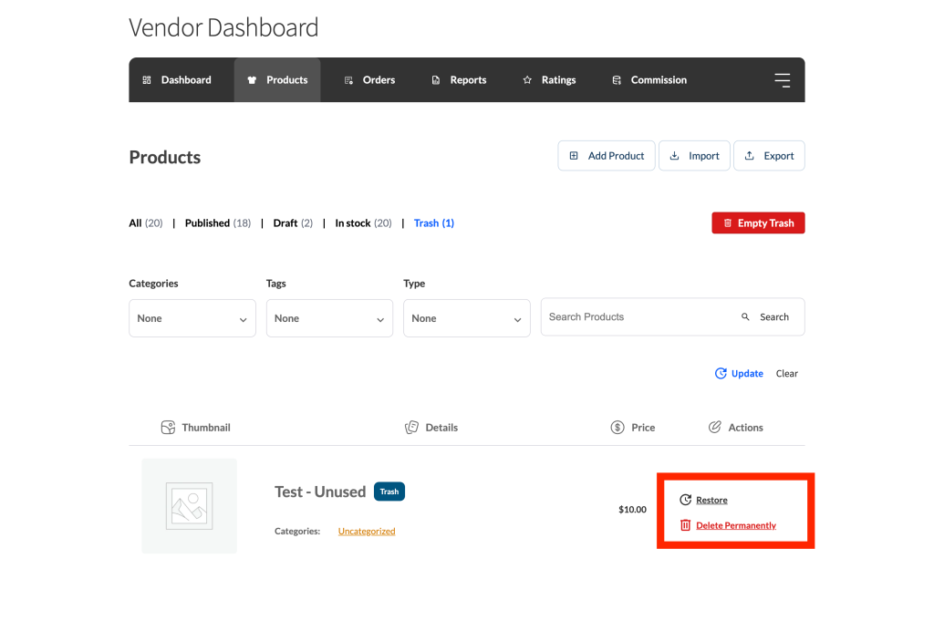wc-vendors-trash_bin-products_list-trash-delete_permanently - WC Vendors Trash tab on the vendor Products dashboard showing a product row with the Restore and Delete Permanently actions