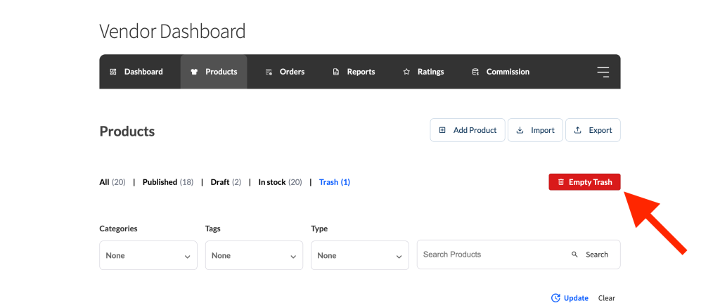 wc-vendors-trash_bin-products_list-trash-empty_trash - WC Vendors Trash tab on the vendor Products dashboard showing the Empty Trash button above the product list